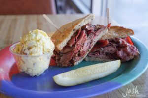 Appetizing pastrami sandwich at Bagelmania deli in Las Vegas.