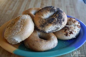 Assortment of bagels at Bagelmania deli in Las Vegas.